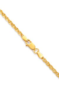 Gold metal chain bracelet, featuring interlocking links and a secure lobster clasp. Smooth surface with a shiny finish.
