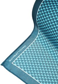 Niebieski szalik w wzór geometryczny w różnych odcieniach niebieskiego, z białą krawędzią i logo na jednym z brzegów.