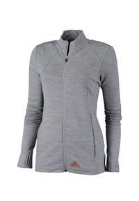 Grijze zip-up jas van textuurstof. Heeft een hoge kraag, lange mouwen en duimgaten. Logo bevindt zich aan de onderzijde links.