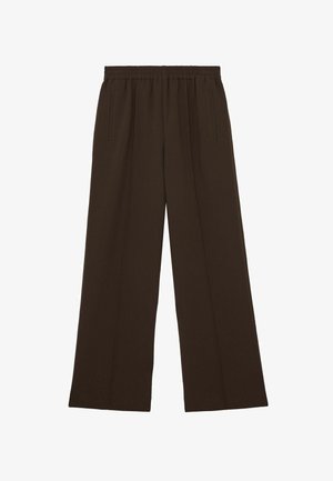 Hnedé široké nohavice z hladkej látky, s elastickým pásom a bočnými vreckami, s elegantným vzhľadom a priamym strihom.