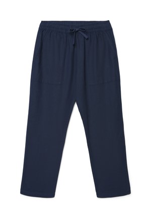 Pantalon décontracté bleu marine avec taille élastique, cordon de serrage, poches avant plaquées et coupe droite.
