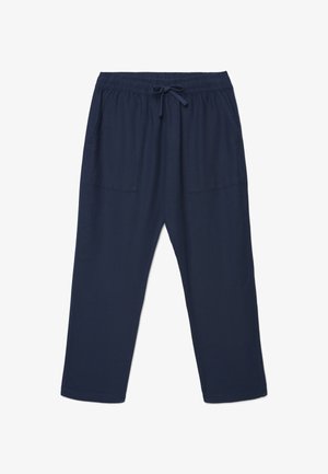 Pantaloni casual blu navy con vita elastica, coulisse, tasche applicate frontali e design a gamba dritta.