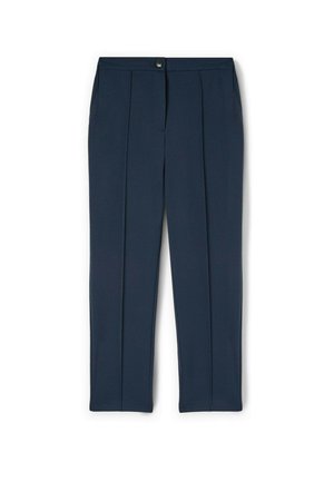 Navy blue tailored trousers with a flat front, featuring two sharp pleats, a button closure, and a smooth fabric texture.