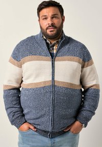 Modrá a bílá pletená bunda na zip se světlými pruhy, texturovanými detaily a žebrovanými manžetami, nošená přes kostkovanou košili.