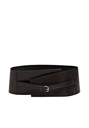 Wide black leather belt with an overlapping wrap design and a small silver buckle on the front strap.