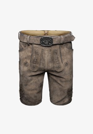 Leren shorts in een verweerd bruine tint, met bloemenborduursel, decoratieve stiksels en een metalen gesp met een hertontwerp.