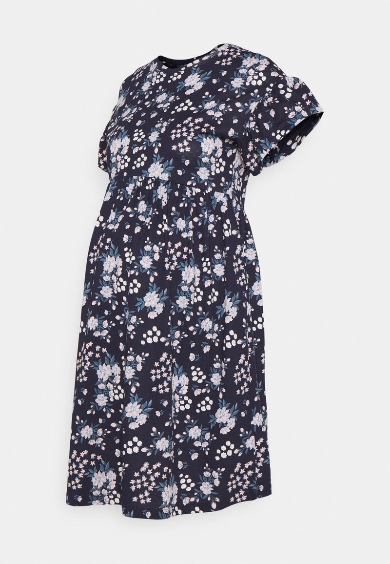 Vestido de maternidade floral azul-marinho com mangas curtas, decote redondo, cintura franzida e padrões florais em branco e em cores pastel.