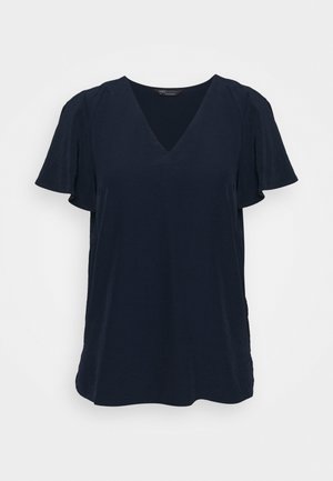 Marineblaue V-Ausschnitt-T-Shirt mit kurzen, gerafften Ärmeln, aus einem weichen Material gefertigt, mit entspannter Passform und seitlichen Schlitzen für mehr Komfort.