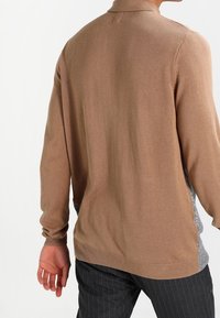 Maglione marrone a maglia con colletto a costine, maniche lunghe e pannello laterale grigio testurizzato. Presenta una vestibilità rilassata e una superficie liscia.