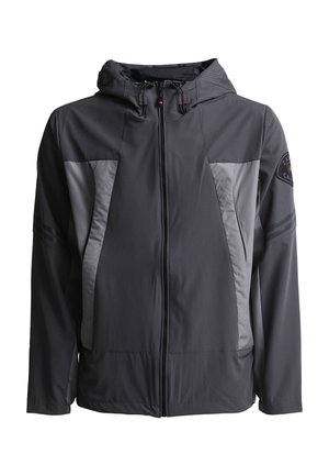 Sötétszürke kapucnis dzseki világosabb szürke oldalsó panelekkel, elöl cipzárral, állítható kapucnifüggőkkel és egy logóval a bal ujján.