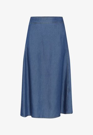 Dżinsowa spódnica w kształcie litery A w głębokim niebieskim kolorze, z gładką fakturą, długości do kolan oraz subtelnymi przeszyciami wzdłuż dołu i pasa.