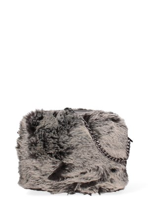 Faux fur handbag in grey with a textured surface. Features a silver chain strap and zipper closure. Square shape with soft, plush material.