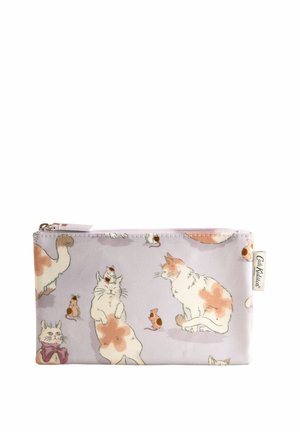Pouch featuring a soft lavender fabric with a playful cat and mouse pattern, zippered closure, and logo tag on the side.