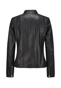 Schwarze Lederjacke mit schlanker Passform, Stehkragen und Reißverschlussärmel, ausgestattet mit einer glatten Textur und minimalistischem Design.