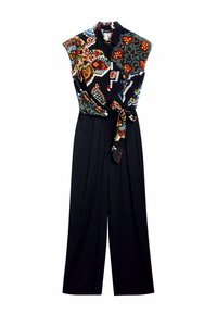 Black jumpsuit with a patterned top featuring colorful floral designs; includes a tie at the waist and wide-leg trousers.