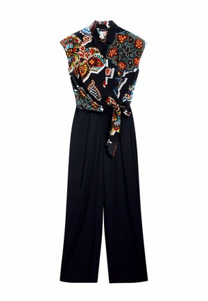 Mono negro con parte superior estampada que presenta diseños florales coloridos; incluye un lazo en la cintura y pantalones de pierna ancha.