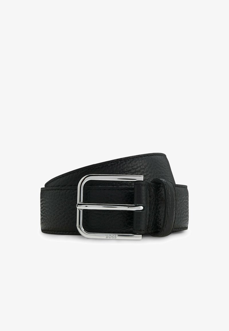 Black textured leather belt with silver rectangular buckle engraved with "BOSS," coiled on white background.