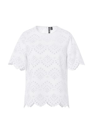 Bluza albă cu mânecă scurtă, model din dantelă cu găurele, margini festonate și guler rotund, cu fermoar la spate.