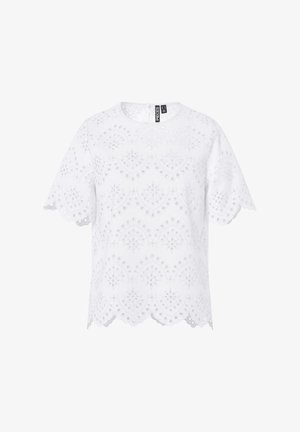 Bluza albă cu mânecă scurtă, model din dantelă cu găurele, margini festonate și guler rotund, cu fermoar la spate.