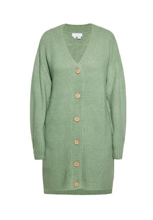 Cardigan lung verde tricotat cu decolteu în V, manșete și tiv tip reiat și șase nasturi maro deschis în față.