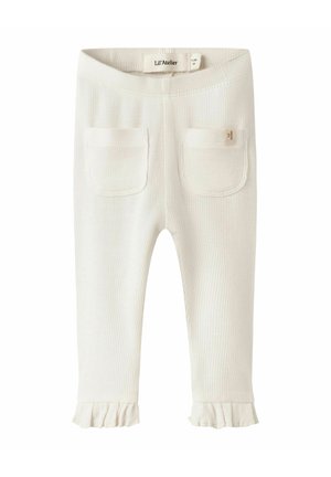 Leggings pour bébés en coton blanc doux à côtes, avec taille élastique, deux poches à l'avant et bords volantés, de Lil' Atelier, taille 1-2 mois.