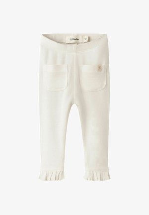 Leggings pour bébés en coton blanc doux à côtes, avec taille élastique, deux poches à l'avant et bords volantés, de Lil' Atelier, taille 1-2 mois.