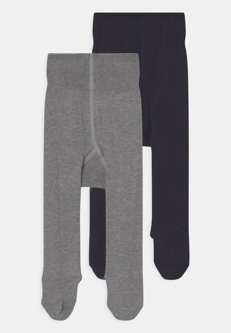Due paia di collant per bambini. Una paio è grigio, l'altro è blu navy scuro. Entrambi presentano una texture liscia e una cintura elastica.