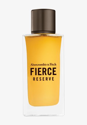 Flacon du parfum Fierce Reserve d'Abercrombie & Fitch contenant un liquide ambré et un bouchon marron foncé sur fond blanc.