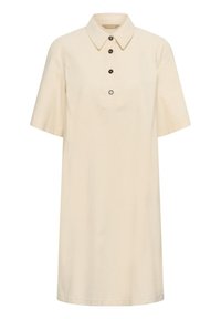 Béžové šaty s krátkym rukávom a golierom so zapínaním na gombíky, s tromi hnedými gombíkmi vpredu a uvoľneným, rovnými strihom.