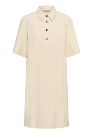 Gaiša īsām piedurknēm kleita ar pogām ap kaklu, priekšpusē ar trim brūnām pogām un brīvu, taisnu piegriezumu.