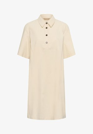 Gaiša īsām piedurknēm kleita ar pogām ap kaklu, priekšpusē ar trim brūnām pogām un brīvu, taisnu piegriezumu.