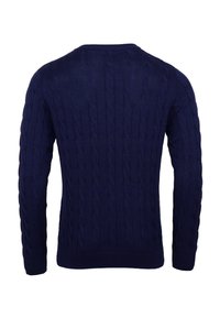 Navy blue knitted sweater with cable knit pattern, crew neckline, and long sleeves. Smooth texture with ribbed cuffs and hem.