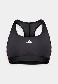 Svart sportsbh med racerback-design, laget av glatt stoff. Har en hvit logo på fronten og et bredt elastisk bånd nederst.