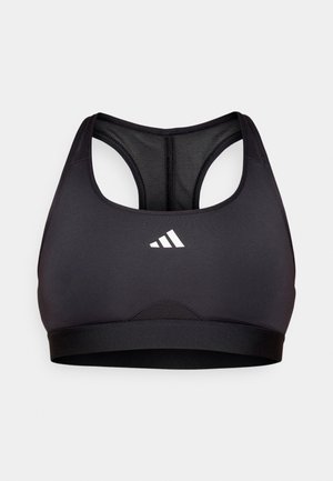 Svart sportsbh med racerback-design, laget av glatt stoff. Har en hvit logo på fronten og et bredt elastisk bånd nederst.