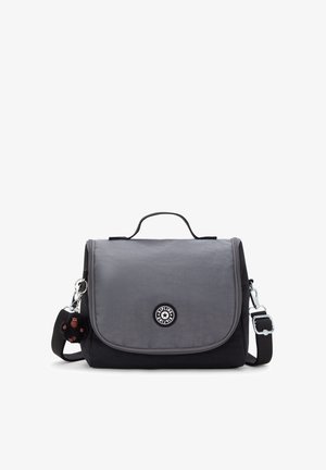 Gray and black shoulder bag with top handle, front flap with Kipling logo, adjustable strap, and a small attached black monkey keychain.