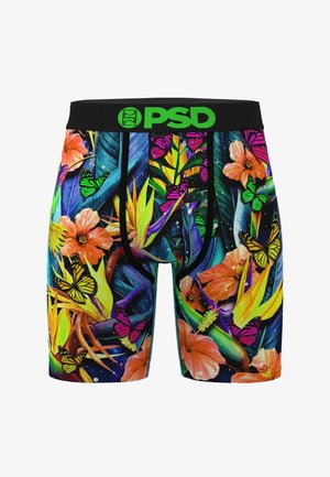 Boxer da uomo con fascia in vita nera e logo "PSD" verde. Il tessuto presenta un vivace motivo floreale e di farfalle con colori brillanti.