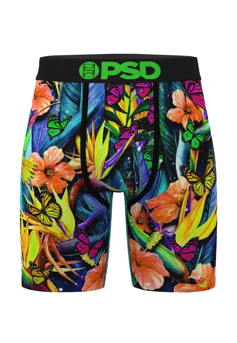 Herre-boxershorts med svart midjebånd og grønn "PSD"-logo. Stoffet viser et livlig mønster av blomster og sommerfugler i sterke farger.