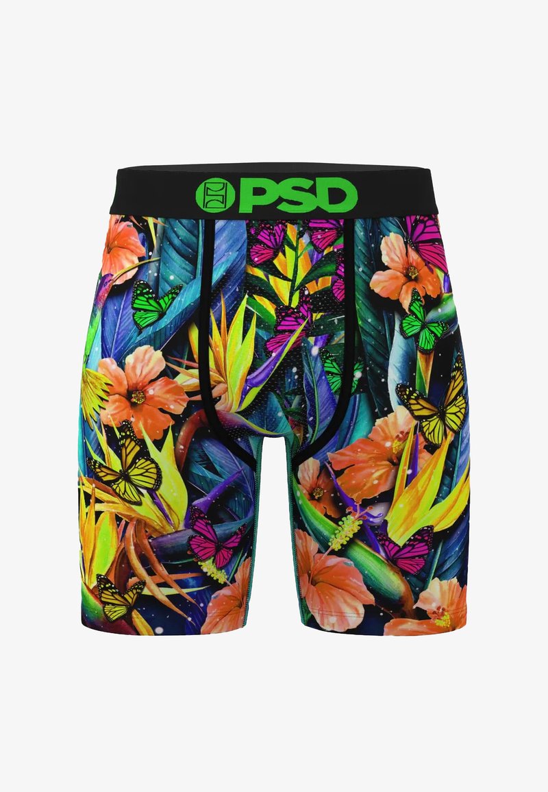 Herre-boxershorts med svart midjebånd og grønn "PSD"-logo. Stoffet viser et livlig mønster av blomster og sommerfugler i sterke farger.