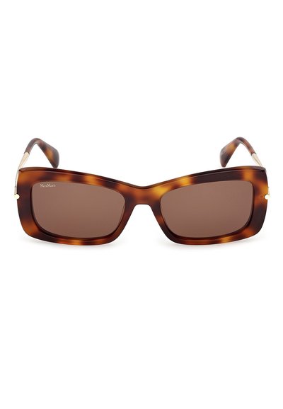 Lunettes de soleil rectangulaires en écaille de tortue avec des verres teintés bruns et de légers accents dorés sur les branches, marque MaxMara visible sur le verre gauche.