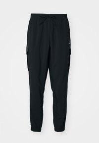 Black cargo jogger pants with elastic waistband, drawstring tie, side pockets, and elastic cuffs.
