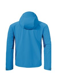 Blaue Outdoor-Jacke mit Kapuze, aus glattem Stoff. Hat ein kontrastierendes dunkleres blaues Panel an den Seiten und enganliegende Ärmel. Rückansicht.