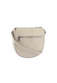 Borsa a tracolla in pelle beige con motivo floreale in rilievo, tasca frontale con zip e cinturino staccabile. Forma rotonda e superficie liscia.