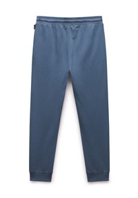 Blue cotton jogger pants with an elastic waistband and tapered cuffs. Plain design with a smooth texture, no visible patterns or hardware.