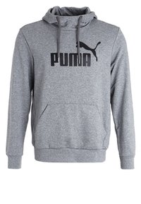 Šedá mikina s kapucí z měkké látky; má přední klokaní kapsu a velké černé logo Puma přes hrudník.