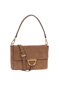 Brown suede handbag with a rectangular shape, gold hardware accents, a flap closure, and an adjustable shoulder strap.