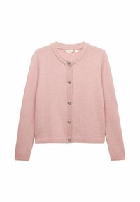 Ljusrosa knapp-up cardigan med långa ärmar, rund halsringning, ribbat kantband och silverfärgade knappar framtill. Mjuk tygtextur.