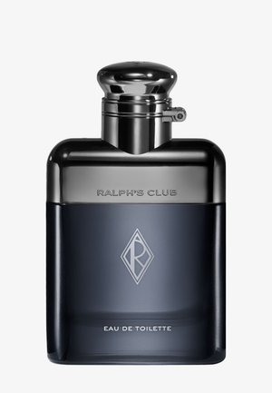 Butelka Ralph's Club Eau de Toilette w kolorze ciemnoniebieskim i czarnym, z srebrną nakrętką i logo z przodu, na białym tle, wyśrodkowana.