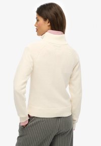 Cremfarbener Strickpullover mit hohem Kragen, gerippten Bündchen und Saum sowie dezenten strukturierten Details an den Schultern, kombiniert mit einem rosa Hemd darunter.