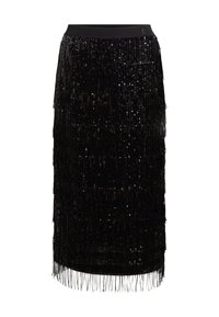 Jupe crayon noire avec des franges superposées de sequins, la texture évolue avec le mouvement, taille lisse, longueur genou, design épuré.