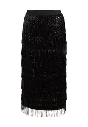 Black pencil skirt with layered fringe of sequins, texture shifts with movement, smooth waistband, knee-length, sleek design.